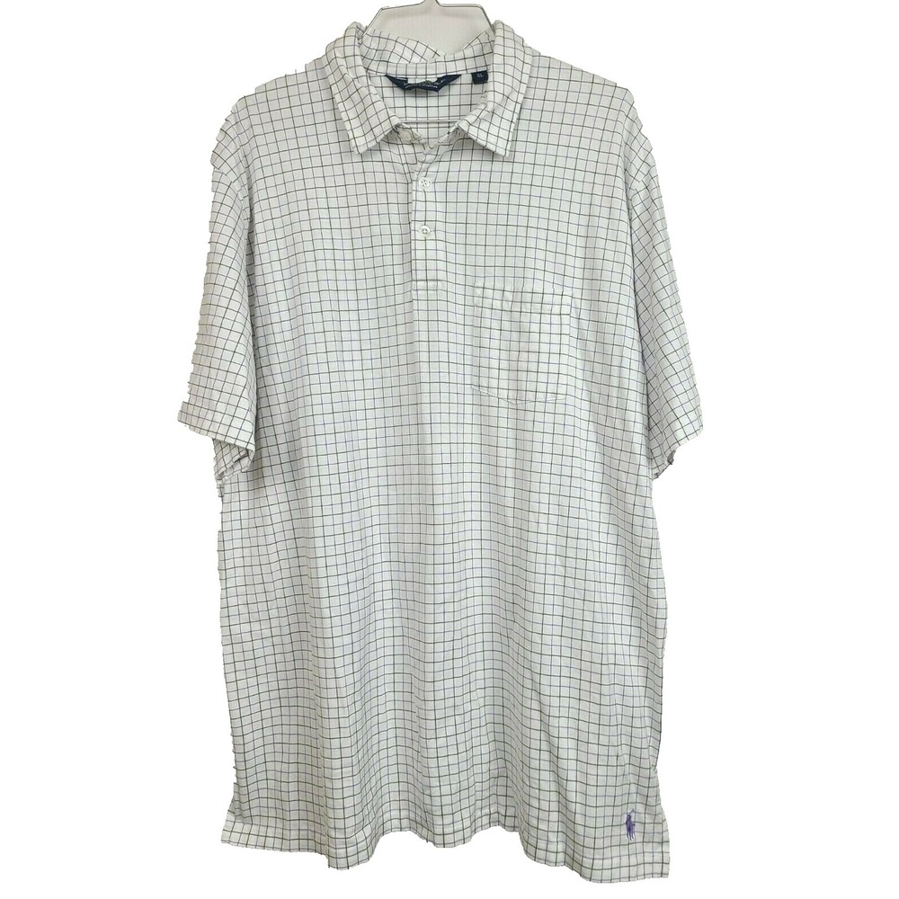 Polo Golf Ralph Lauren Mens Polo Shirt XL White Purple Plaid Short Sleeve Preppy
